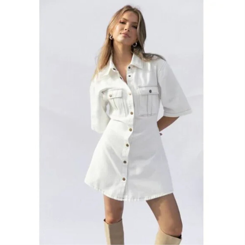 White Button-Front Shirt Dress
